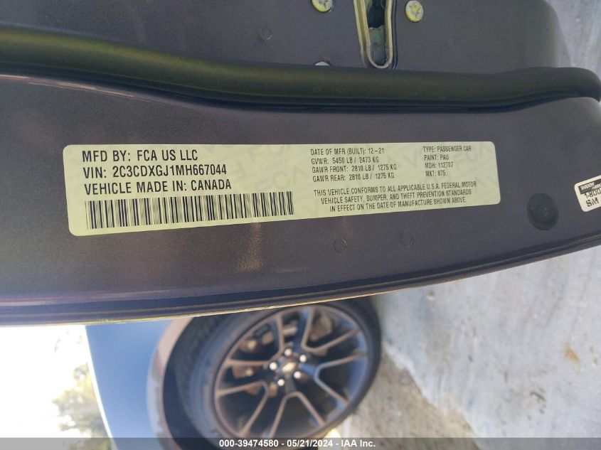 2021 Dodge Charger Scat Pack Rwd VIN: 2C3CDXGJ1MH667044 Lot: 39474580