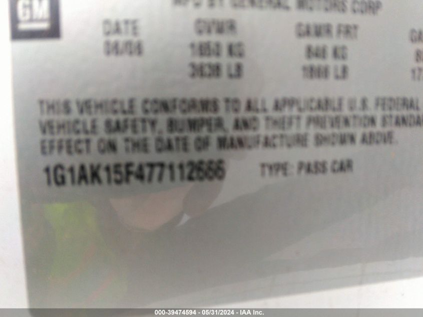 2007 Chevrolet Cobalt Ls VIN: 1G1AK15F477112666 Lot: 39474594