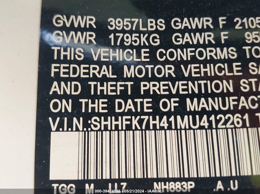VIN SHHFK7H41MU412261 2021 HONDA CIVIC SPORT