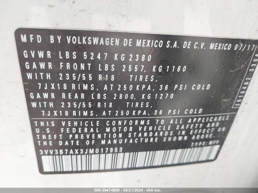 2018 VOLKSWAGEN TIGUAN SE/SEL - 3VV3B7AX3JM017953