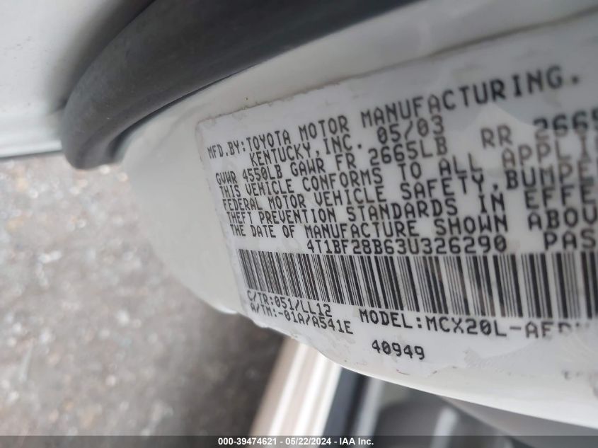 2003 Toyota Avalon Xl VIN: 4T1BF28B63U326290 Lot: 39474621