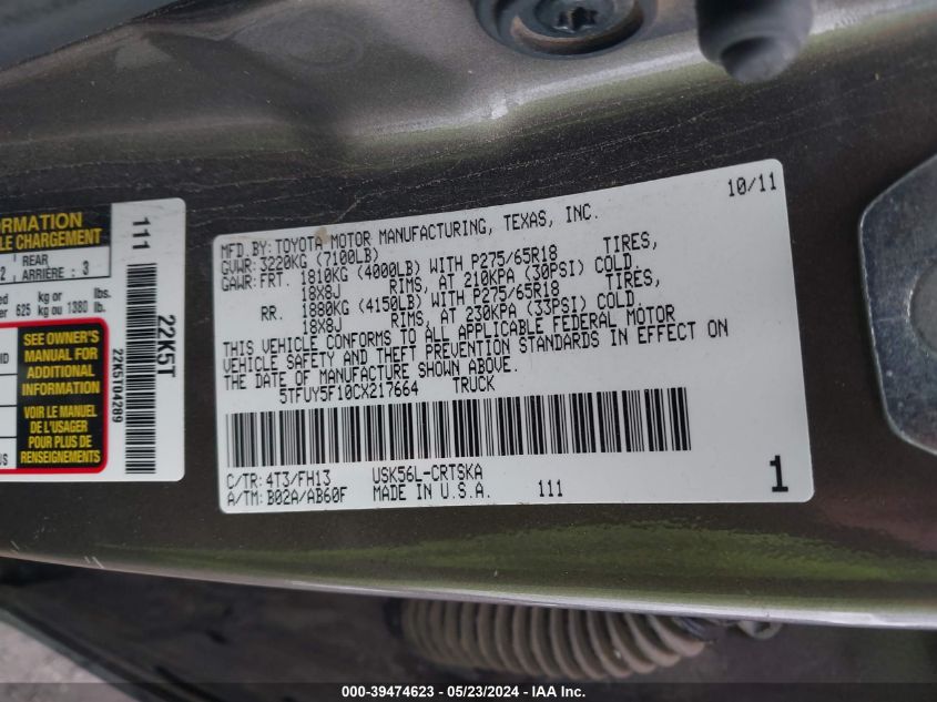 5TFUY5F10CX217664 2012 Toyota Tundra Grade 5.7L V8