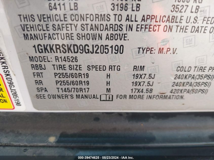 2016 GMC Acadia Slt-2 VIN: 1GKKRSKD9GJ205190 Lot: 39474625