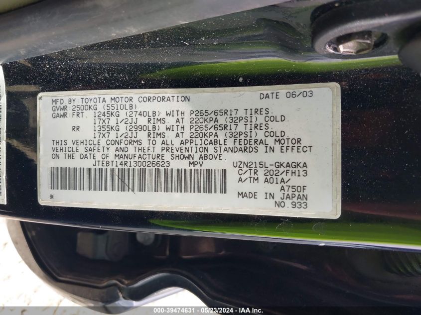 2003 Toyota 4Runner Sr5 Sport V8 VIN: JTEBT14R130026623 Lot: 39474631