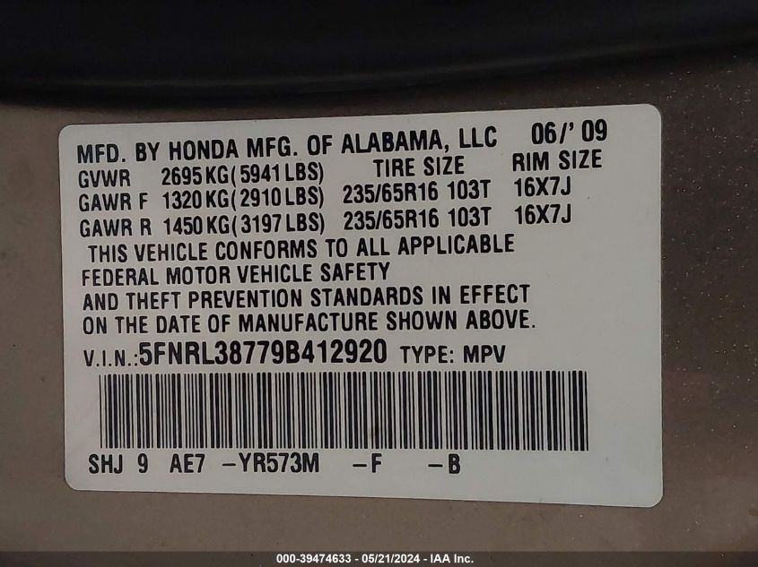 2009 Honda Odyssey Ex-L VIN: 5FNRL38779B412920 Lot: 39474633