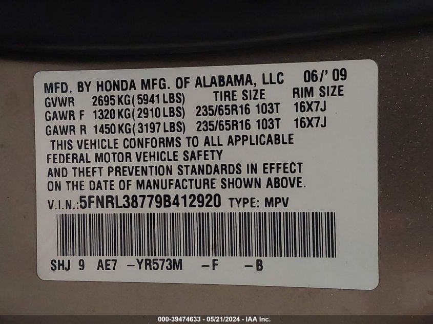 2009 Honda Odyssey Ex-L VIN: 5FNRL38779B412920 Lot: 39474633