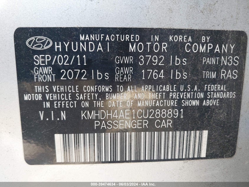 2012 Hyundai Elantra Gls (Ulsan Plant) VIN: KMHDH4AE1CU288891 Lot: 39474634