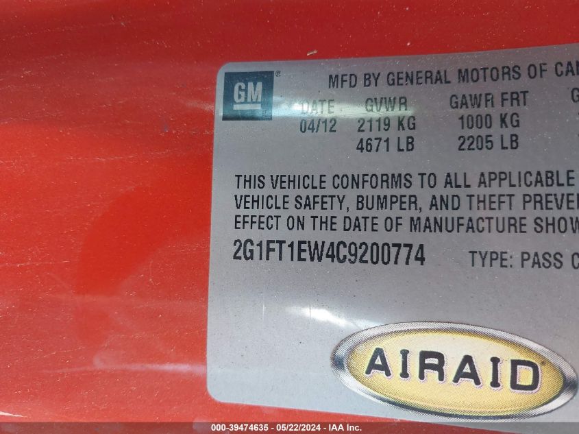 2012 Chevrolet Camaro 2Ss VIN: 2G1FT1EW4C9200774 Lot: 39474635