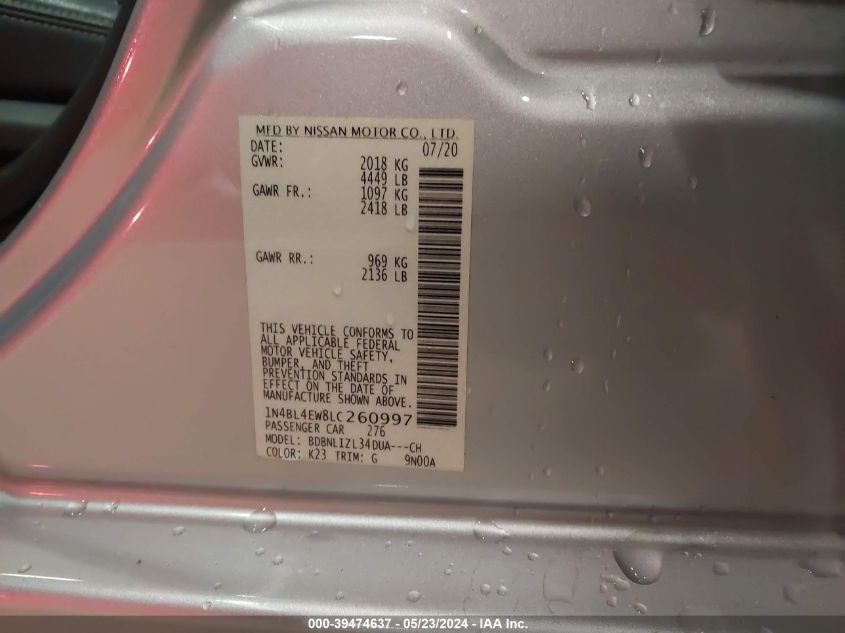 2020 Nissan Altima Sl Intelligent Awd VIN: 1N4BL4EW8LC260997 Lot: 39474637