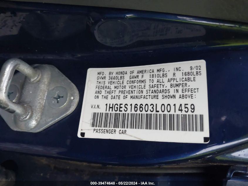 2003 Honda Civic Lx VIN: 1HGES16603L001459 Lot: 39474648
