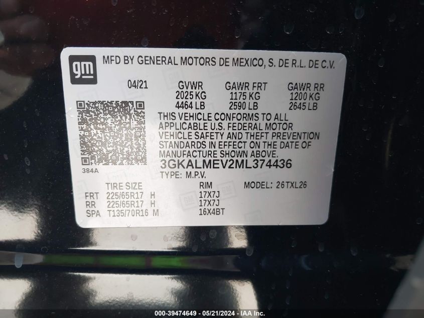 2021 GMC Terrain Fwd Sle VIN: 3GKALMEV2ML374436 Lot: 39474649