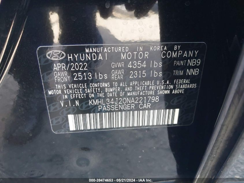 2022 Hyundai Sonata Limited VIN: KMHL34J20NA221798 Lot: 39474653