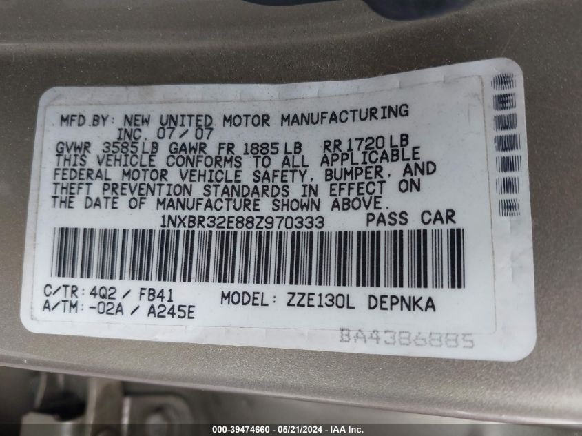 2008 Toyota Corolla Le VIN: 1NXBR32E88Z970333 Lot: 39474660