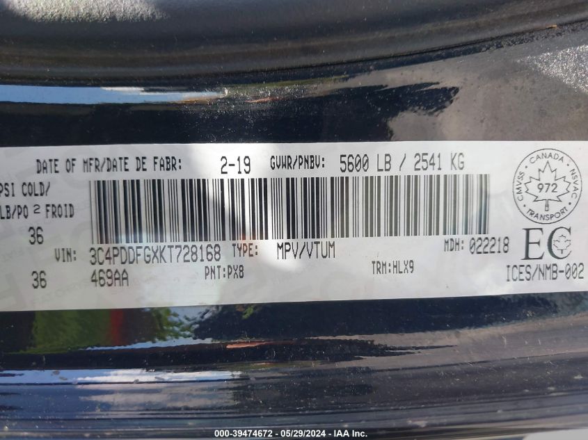 2019 Dodge Journey Gt VIN: 3C4PDDFGXKT728168 Lot: 39474672