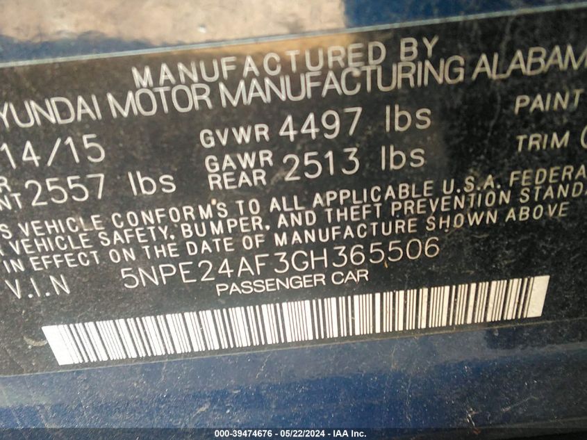 2016 Hyundai Sonata Se VIN: 5NPE24AF3GH365506 Lot: 39474676