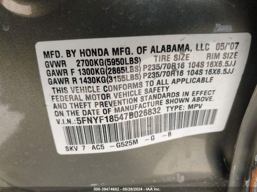 2007 Honda Pilot Ex-L VIN: 5FNYF18547B026832 Lot: 39474682