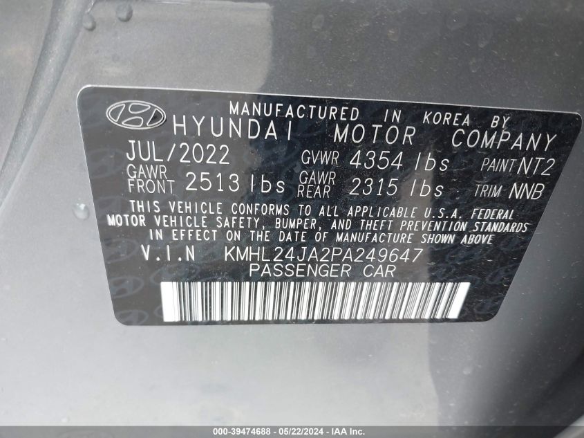 2023 Hyundai Sonata Se VIN: KMHL24JA2PA249647 Lot: 39474688