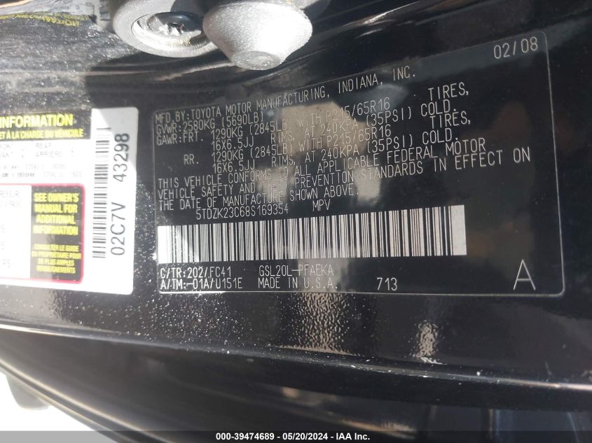 2008 Toyota Sienna Le VIN: 5TDZK23C68S169354 Lot: 39474689