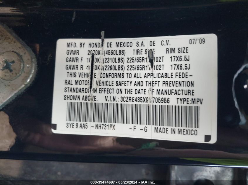 2009 Honda Cr-V Ex VIN: 3CZRE485X9G705956 Lot: 39474697