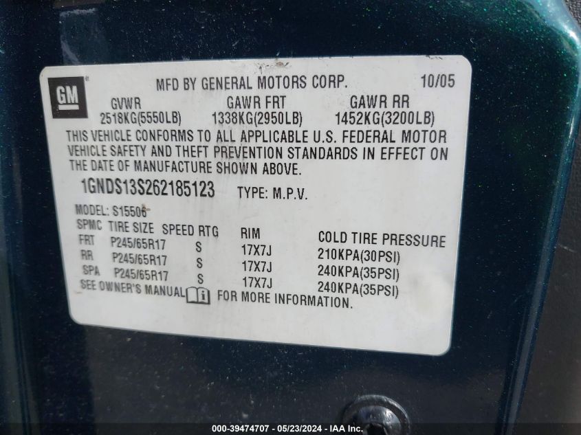 2006 Chevrolet Trailblazer Lt VIN: 1GNDS13S262185123 Lot: 39474707