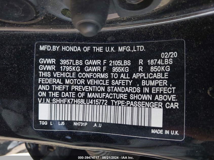 2020 Honda Civic Ex VIN: SHHFK7H68LU415772 Lot: 39474717