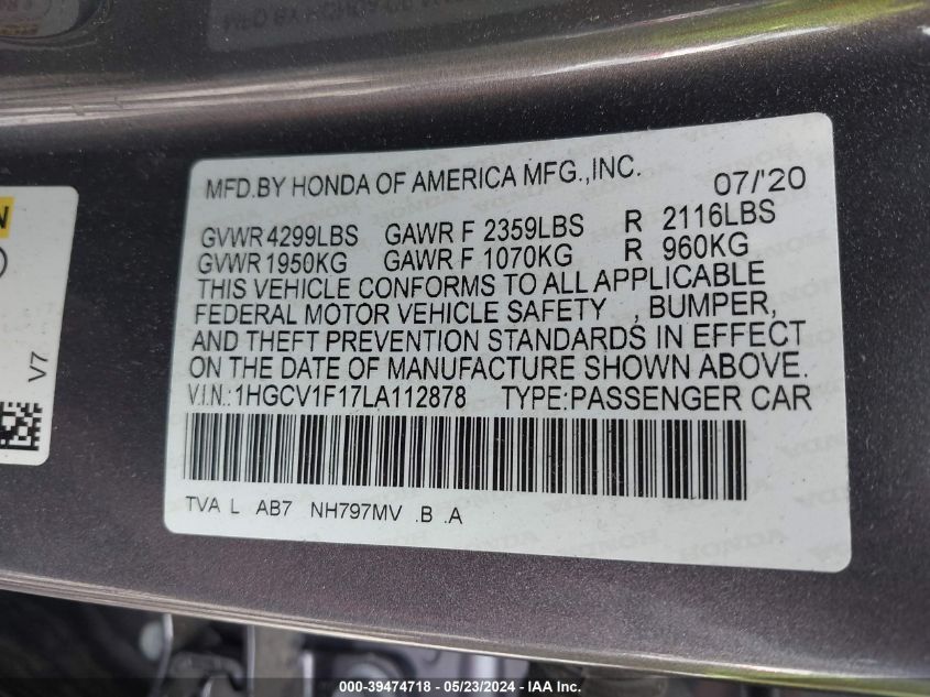 2020 Honda Accord Lx VIN: 1HGCV1F17LA112878 Lot: 39474718