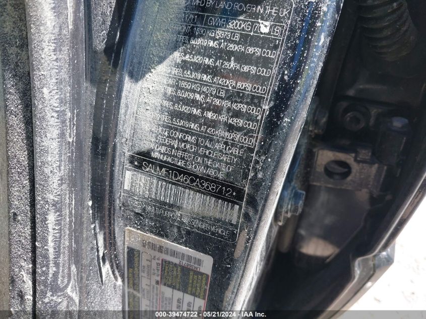 2012 Land Rover Range Rover Hse VIN: SALMF1D46CA368712 Lot: 39474722