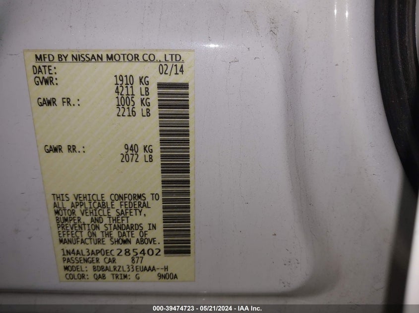 2014 Nissan Altima 2.5 S VIN: 1N4AL3AP0EC285402 Lot: 39474723