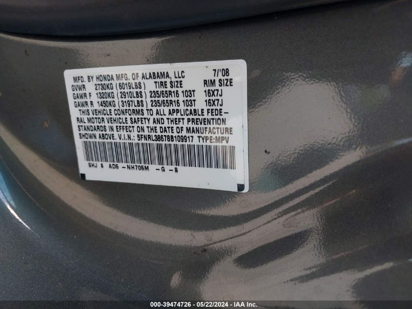 2008 Honda Odyssey Ex-L VIN: 5FNRL38678B109917 Lot: 39474726