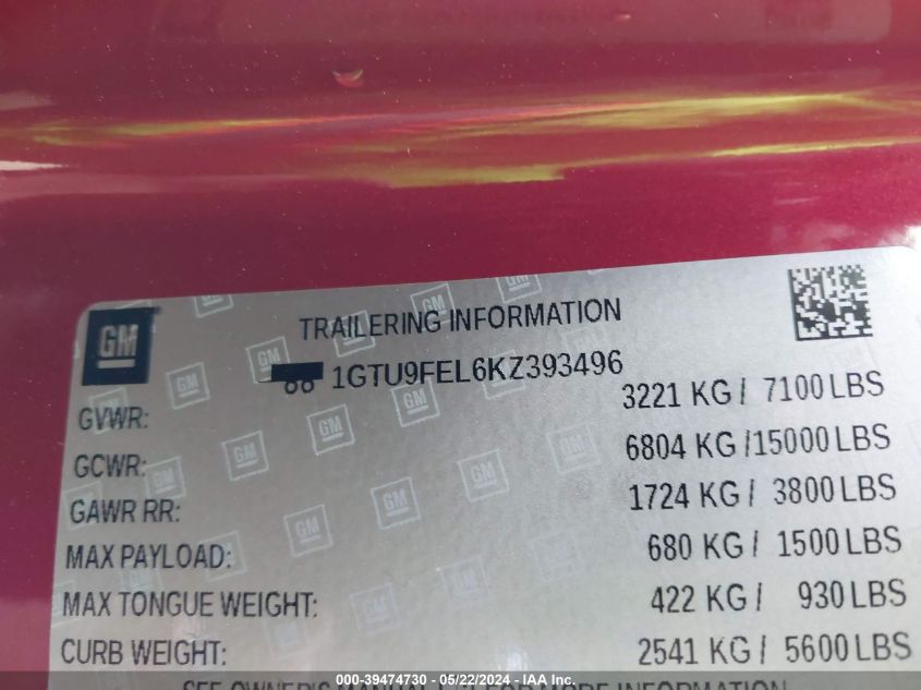 2019 GMC Sierra 1500 Denali VIN: 1GTU9FEL6KZ393496 Lot: 39474730