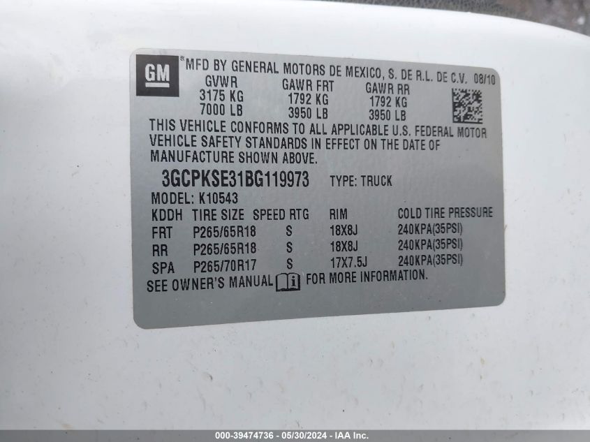 2011 Chevrolet Silverado 1500 Lt VIN: 3GCPKSE31BG119973 Lot: 39474736