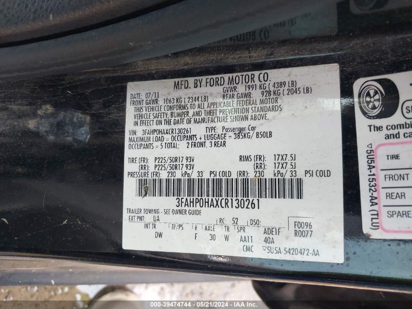 2012 Ford Fusion Se VIN: 3FAHP0HAXCR130261 Lot: 39474744