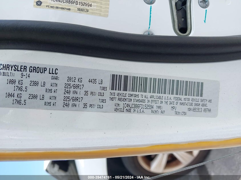 2015 Jeep Compass Sport VIN: 1C4NJCBB6FD152594 Lot: 39474761