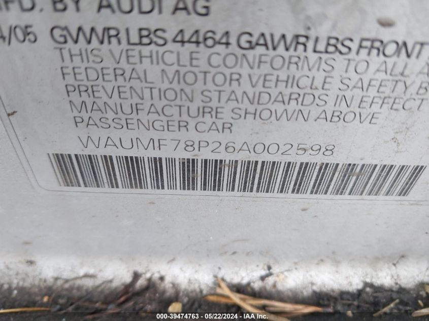 2006 Audi A3 2.0T VIN: WAUMF78P26A002598 Lot: 39474763
