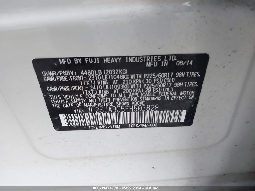 2015 Subaru Forester 2.5I VIN: JF2SJABC5FH503828 Lot: 39474770