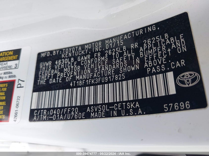 2015 Toyota Camry Se VIN: 4T1BF1FK3FU917825 Lot: 39474777