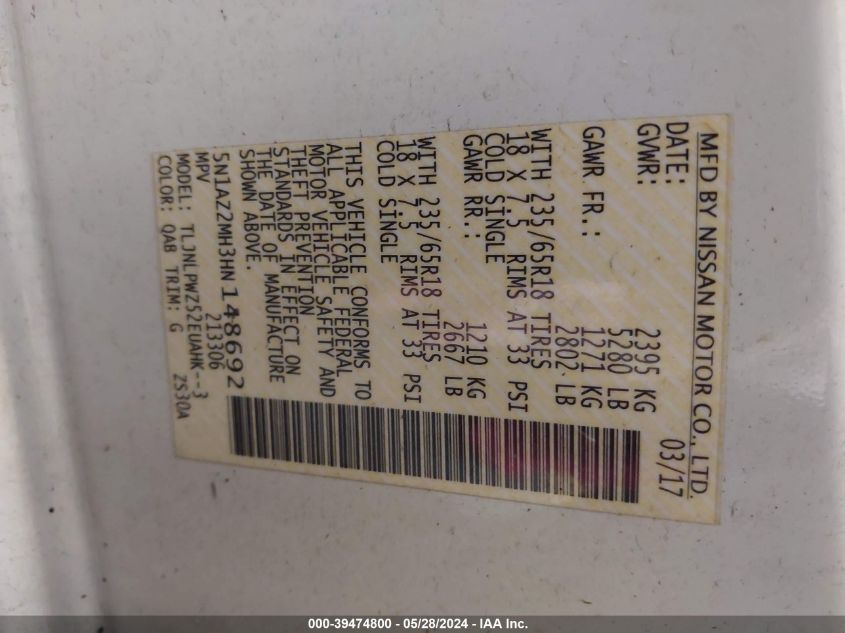 2017 Nissan Murano S VIN: 5N1AZ2MH3HN148692 Lot: 39474800