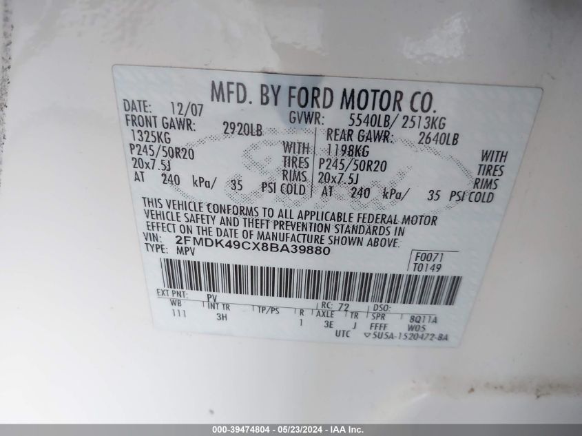 2008 Ford Edge Limited VIN: 2FMDK49CX8BA39880 Lot: 39474804