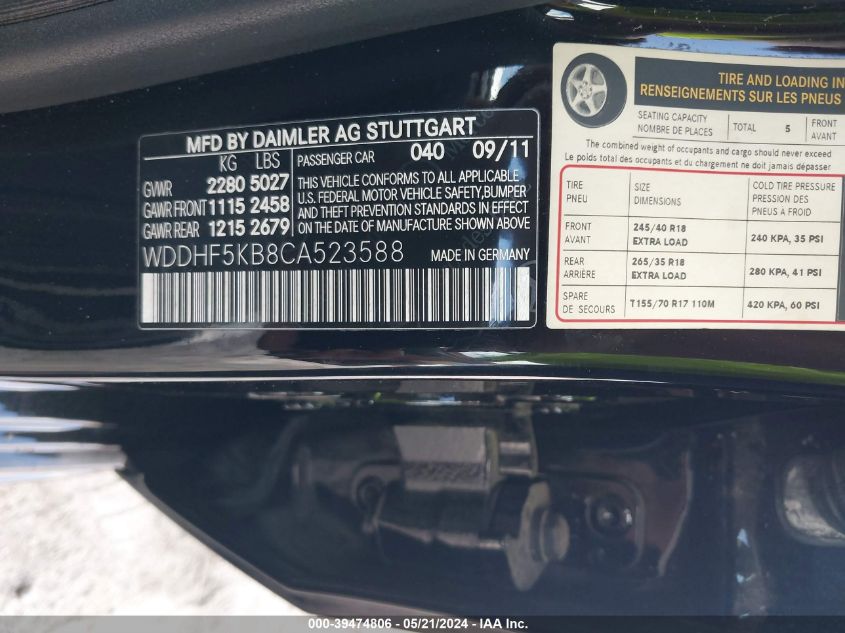 2012 Mercedes-Benz E 350 VIN: WDDHF5KB8CA523588 Lot: 39474806