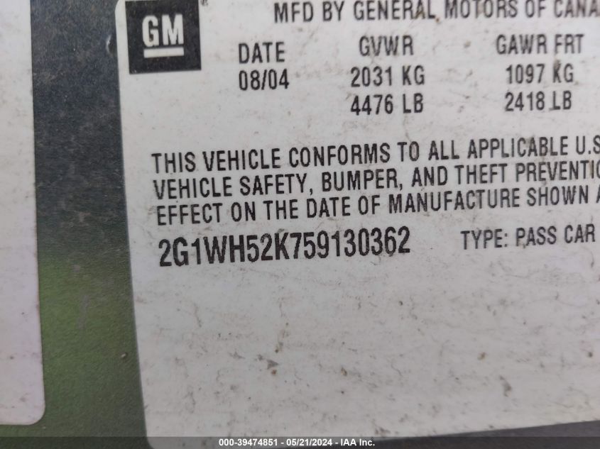 2005 Chevrolet Impala Ls VIN: 2G1WH52K759130362 Lot: 39474851