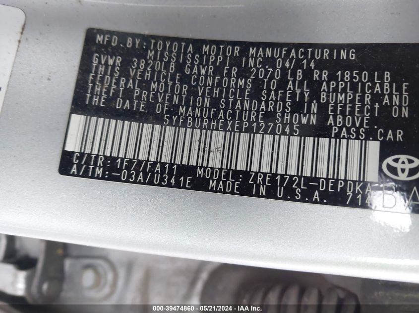 2014 Toyota Corolla L VIN: 5YFBURHEXEP127045 Lot: 39474860