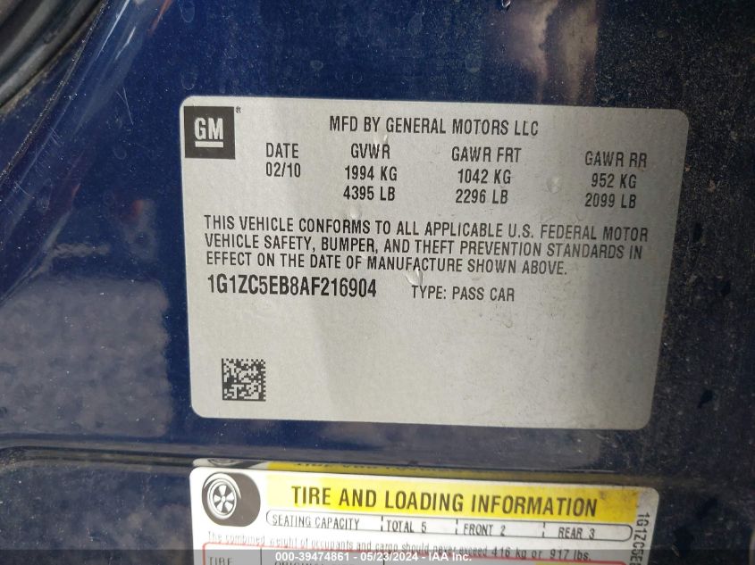 2010 Chevrolet Malibu Lt VIN: 1G1ZC5EB8AF216904 Lot: 39474861