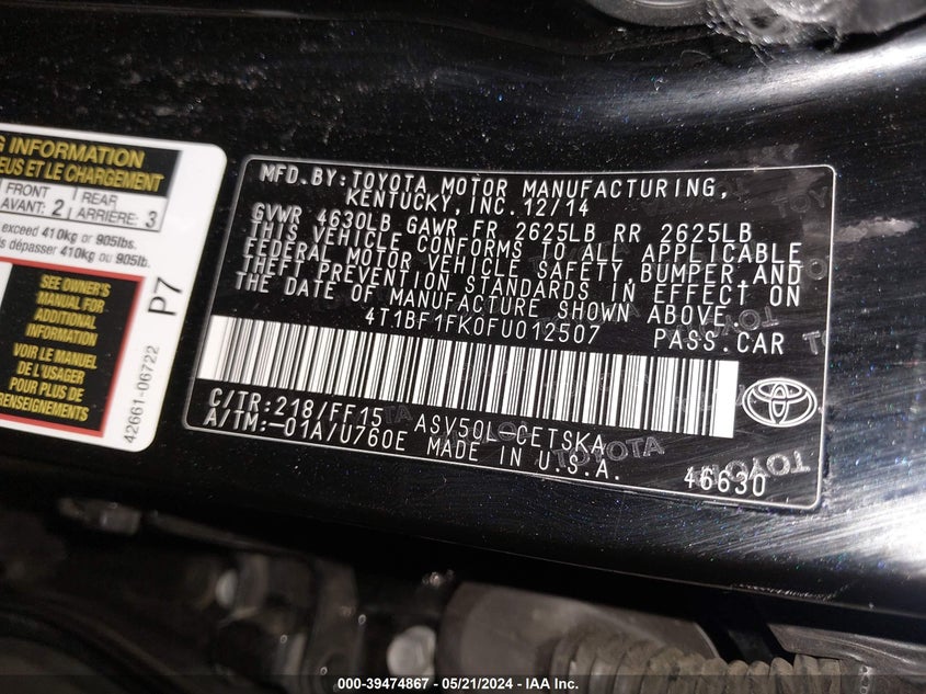 2015 Toyota Camry Se VIN: 4T1BF1FK0FU012507 Lot: 39474867