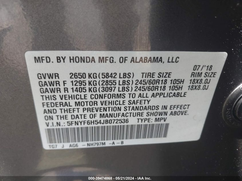 2018 Honda Pilot Ex-L VIN: 5FNYF6H54JB072536 Lot: 39474868