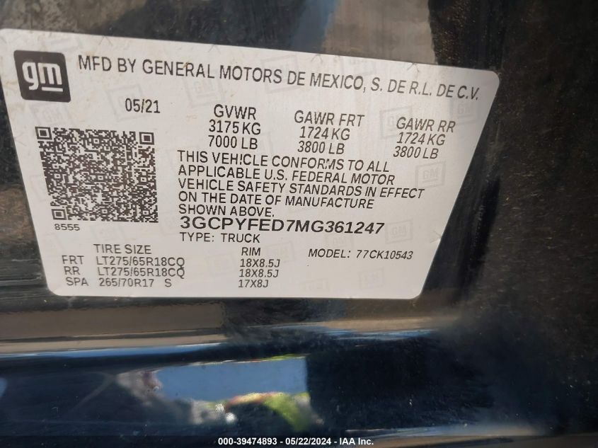 2021 Chevrolet Silverado 1500 4Wd Short Bed Lt Trail Boss VIN: 3GCPYFED7MG361247 Lot: 39474893