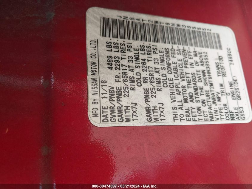 2017 Nissan Rogue Sv VIN: JN8AT2MT9HW385552 Lot: 39474897