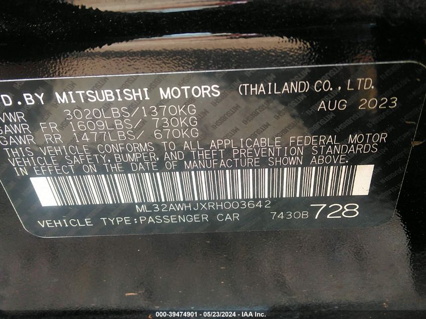 2024 Mitsubishi Mirage Black Edition VIN: ML32AWHJXRH003642 Lot: 39474901