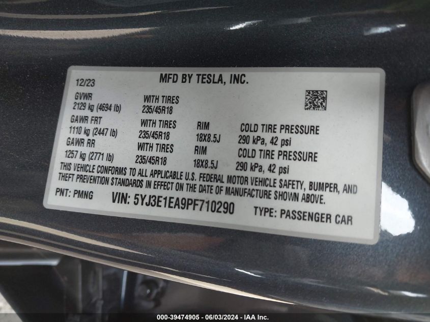 2023 Tesla Model 3 Rear-Wheel Drive VIN: 5YJ3E1EA9PF710290 Lot: 39474905