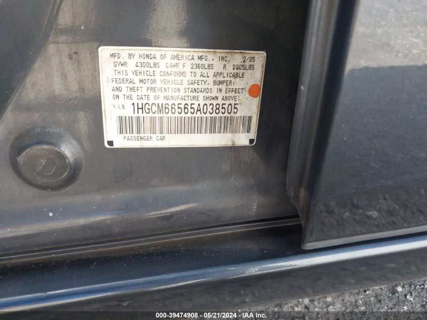 2005 Honda Accord 3.0 Ex VIN: 1HGCM66565A038505 Lot: 39474908