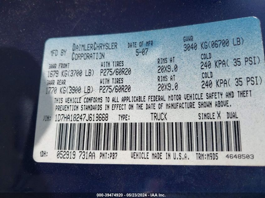 2007 Dodge Ram 1500 Slt VIN: 1D7HA18247J618668 Lot: 39474920